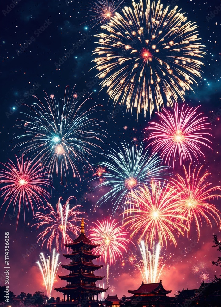 Naklejka premium Fireworks Above a Chinese Pagoda at Night in Vibrant Colors