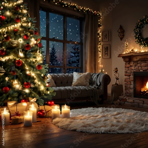 Cozy Christmas Eve: Festive Home Decor, Winter Wonderland Setting photo