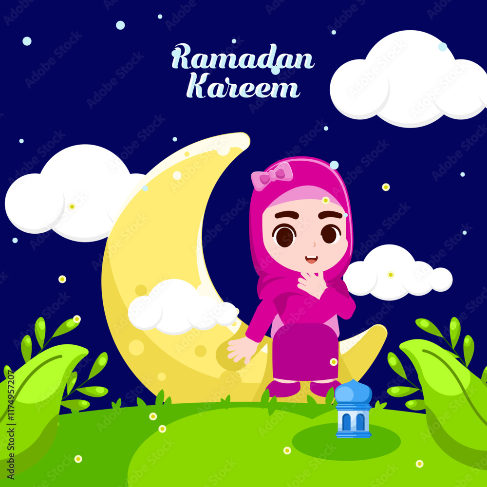 Fototapeta premium Muslim girl bring lantern , welcoming ramadan with cloud and night