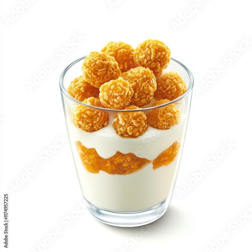 A Glass Cup of Creamy White Yogurt Topped with Vibrant Golden-Orange Freeze-Dried Beibei Pumpkin Balls, Creating a Visually Appealing Contrast photo