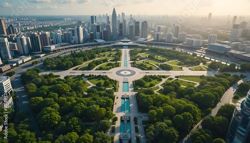 green Airport city park on a sunny summer morning, panoramic view from high-angle perspective reveals a bustling metropolis surrounded by lush greenery, with gleaming skyscrapers reflec photo