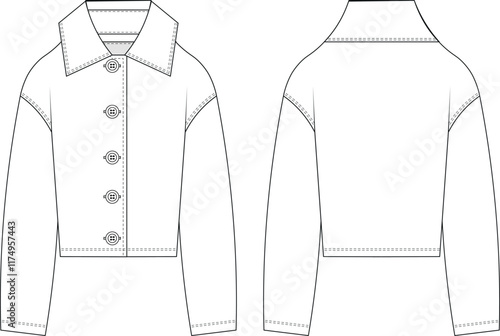 collared buttoned drop shoulder long sleeve short jacket coat outerwear overcoat  template technical drawing flat sketch cad mockup fashion woman design style model 
