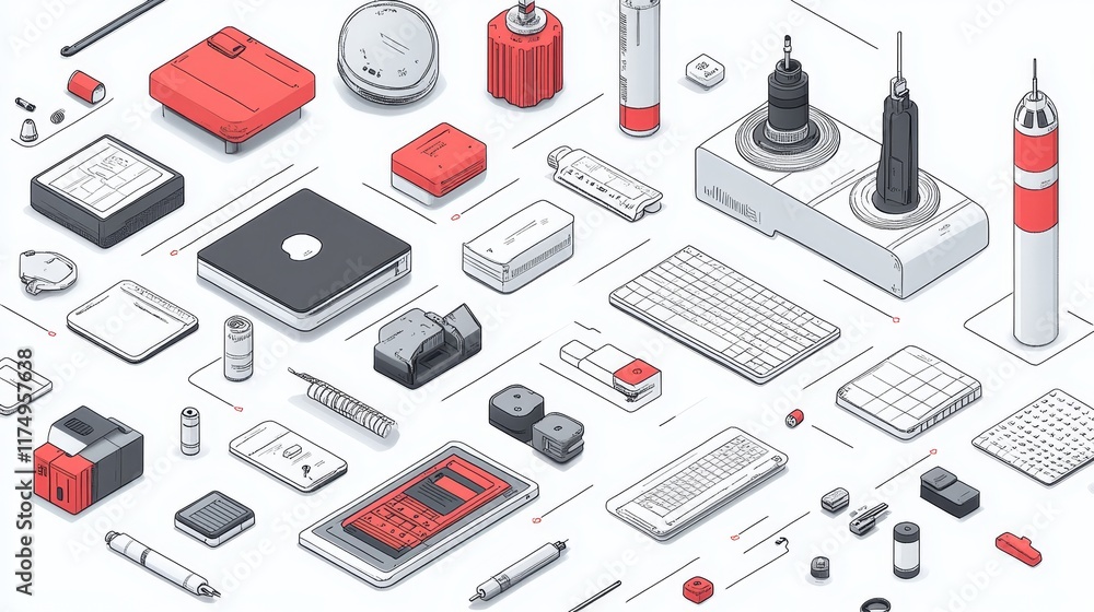 Isometric Illustration of Diverse Technological Components and Gadgets Isometric Illustration of Diverse Technological Components and Gadgets