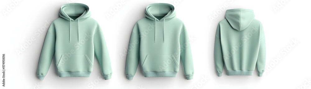A plain light green hoodie, white background, front and back view, mockup style, photorealistic, hyper-detailed, Octane render, 3D model, hyper-realism, white background, pastel color scheme, A plain light green hoodie, white background, front and back view, mockup style, photorealistic, hyper-detailed, Octane render, 3D model, hyper-realism, white background, pastel color scheme,