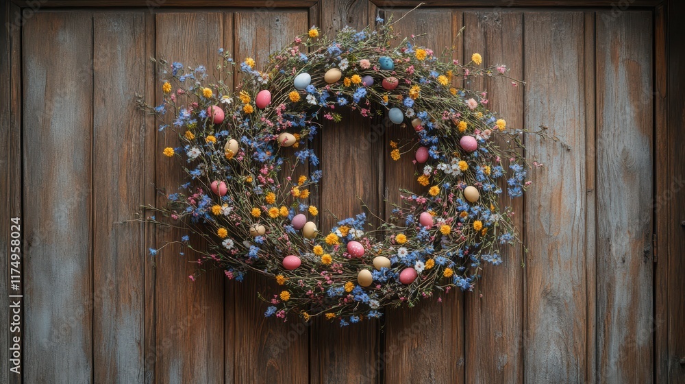 Easter Wreath with Flowers and Eggs A handcrafted Easter wreath made of twigs, pastel flowers, and mini eggs, hanging on a rustic wooden door. Easter Wreath with Flowers and Eggs A handcrafted Easter wreath made of twigs, pastel flowers, and mini eggs, hanging on a rustic wooden door.