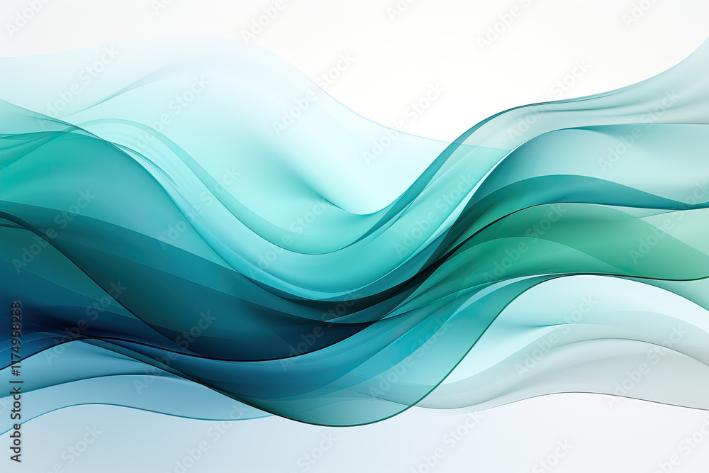 Fototapeta premium Smooth, elegant curves of teal and green create a dynamic, abstract composition. The translucent waves flow across a white backdrop, suggesting movement and energy.