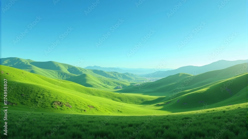 A serene landscape of rolling green hills under a clear blue sky, illuminated by soft natural light, evoking a peaceful and tranquil atmosphere. Perfectly photorealistic in 8k quality A serene landscape of rolling green hills under a clear blue sky, illuminated by soft natural light, evoking a peaceful and tranquil atmosphere. Perfectly photorealistic in 8k quality