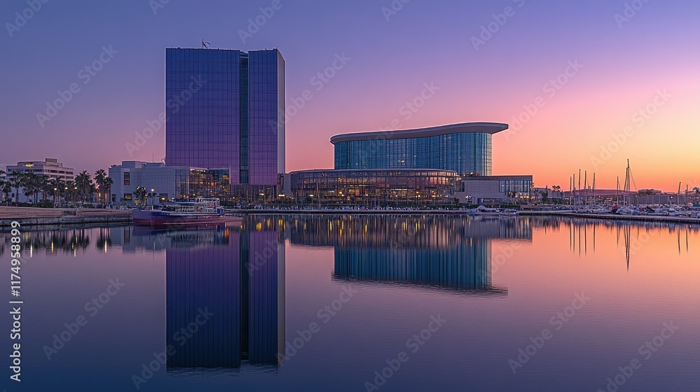 Fototapeta premium Calm waterfront cityscape at dawn, reflecting modern architecture in still water.