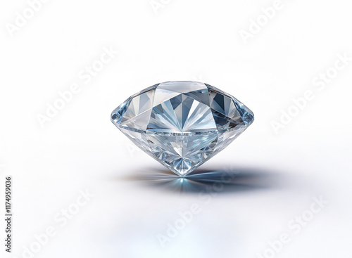 A brilliant-cut diamond, showcasing exceptional clarity and sparkle, rests on a pristine white background.  Its facets catch the light, creating a dazzling display of brilliance. photo