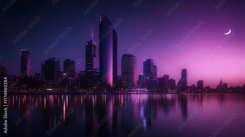 Fototapeta premium Purple city skyline reflecting in calm water at twilight with crescent moon.