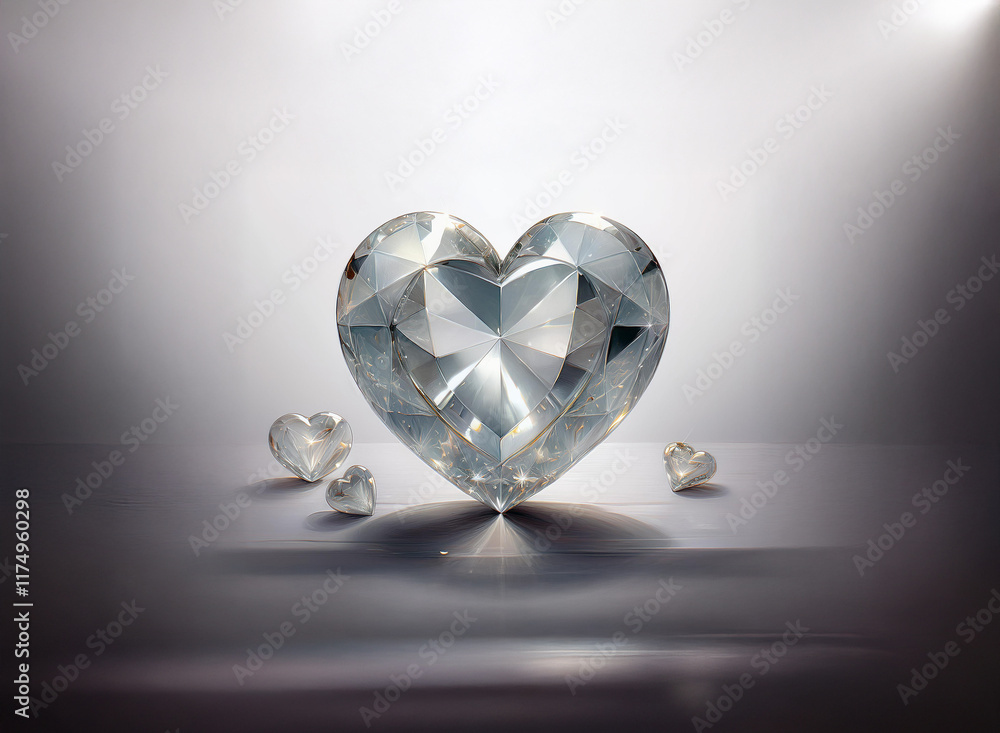 Fototapeta premium A large, faceted diamond heart sits on a reflective surface, illuminated by a spotlight. Smaller hearts surround it, creating a romantic, luxurious scene.
