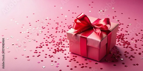 Festive Pink Gift Box with Red Bow and Confetti - Holiday Background