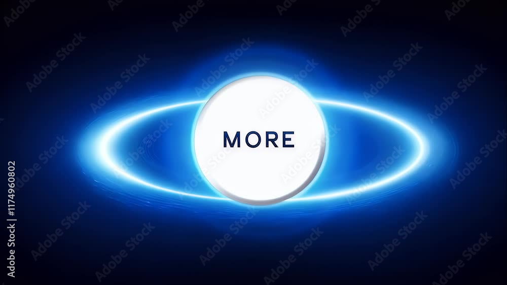 sleek white 'More' button on a dark background, with a glowing blue circle pulsating around it in soft waves sleek white 'More' button on a dark background, with a glowing blue circle pulsating around it in soft waves
