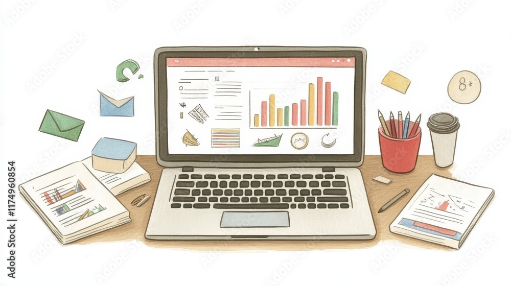 Laptop displaying data analytics charts surrounded by office stationery and notes Laptop displaying data analytics charts surrounded by office stationery and notes