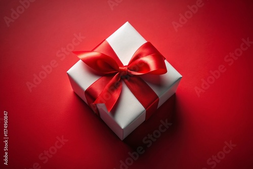 Festive Red Background Aerial View of White Gift with Red Ribbon