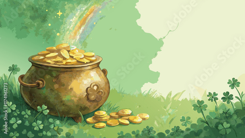 Watercolor pot of gold background, rich golden tones set against a soft green gradient, symbolizing fortune and prosperity for St. Patrick's Day with copy space