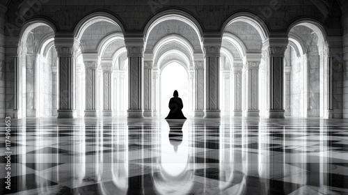 A cloaked figure meditates in a grand hall with arches and columns. Ideal for book covers, posters, or album art evoking mystery and solitude. photo