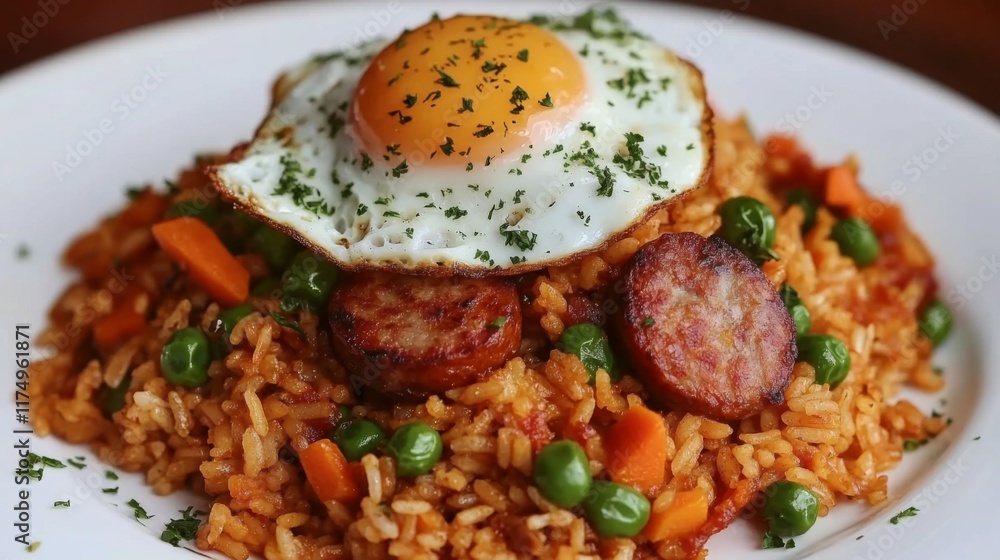 A colorful serving of American fried rice with chunks of sausage, peas, and carrots, garnished with a fried egg and fresh parsley on a white plate A colorful serving of American fried rice with chunks of sausage, peas, and carrots, garnished with a fried egg and fresh parsley on a white plate