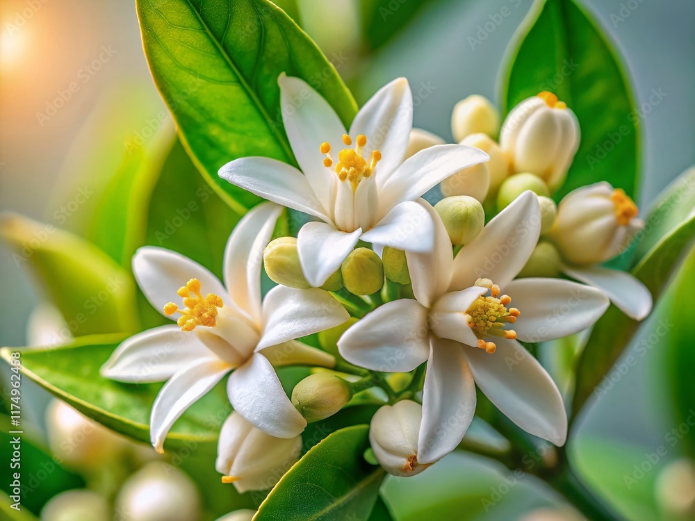 Fototapeta premium Neroli Blossom: Close-up of Fragrant Orange Tree Flowers and Buds on Isolated White Background