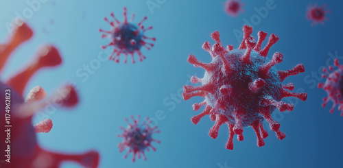 Highly detailed virus cells in a blue medical background, perfect for health, infection control, and microbiology topics. HMPV and Coronavirus COVID 19
