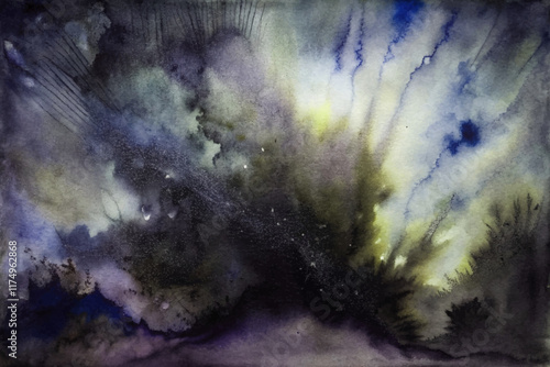 Abstract watercolor painting, dark clouds, vibrant colors, dramatic atmosphere, artistic expression, moody landscape.