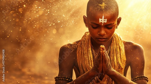 A young person with gold dust on their skin and a white marking on their forehead holds their hands together in prayer. Suitable for spirituality or cultural themes. photo