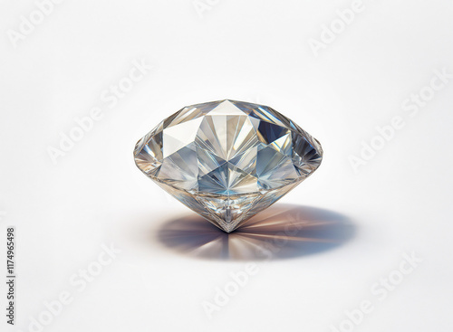 A brilliant-cut diamond, flawlessly clear, casts a subtle shadow on a pristine white background. Its facets sparkle with internal light reflections. photo