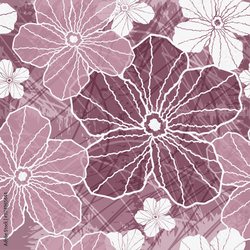 Hand drawn grunge seamless abstract pattern with rose  and white flowers