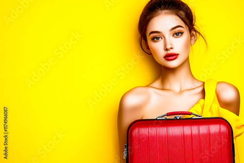 Woman in yellow dress red suitcase travel destination yellow background, air travel concept.