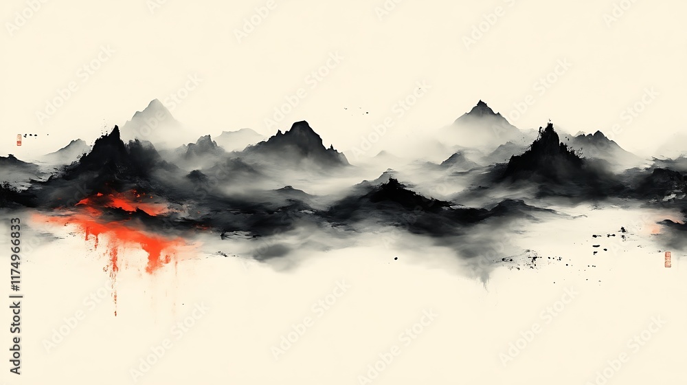Obraz premium Misty Mountainscape Ink Wash Painting Abstract Art