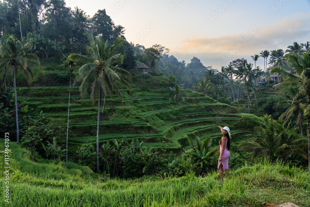 Asian woman at Tegalalang rice terrace at sunset, Ubud, Bali, Indonesia Asian woman at Tegalalang rice terrace at sunset, Ubud, Bali, Indonesia