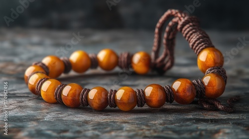 Stylish bracelet with amber beads and brown cord. Perfect for adding a touch of elegance to any outfit. Wear it for a casual or formal occasion. photo