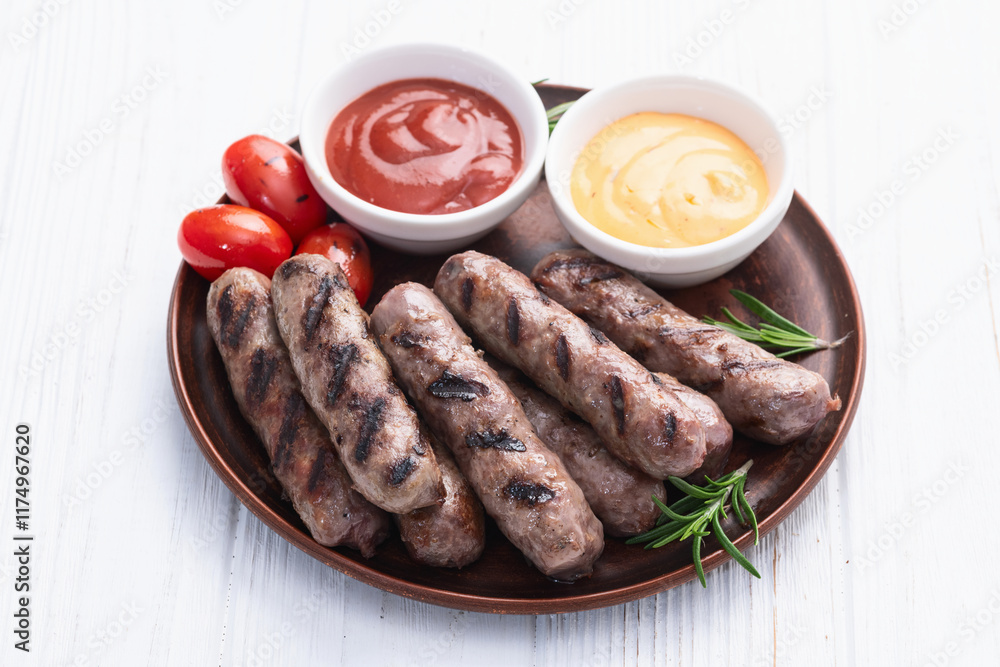 Grilled beef sausages with rosemary sauce and tomatoes photography . Top view