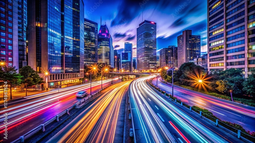 Night Cityscape Lights Trails, Urban Glow, Dark City, Long Exposure Photography, Night Photography Night Cityscape Lights Trails, Urban Glow, Dark City, Long Exposure Photography, Night Photography