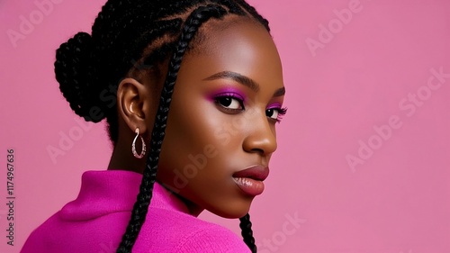 The portrait of an attractive young black female model in pink outfit with braids hairstyle and full makeup