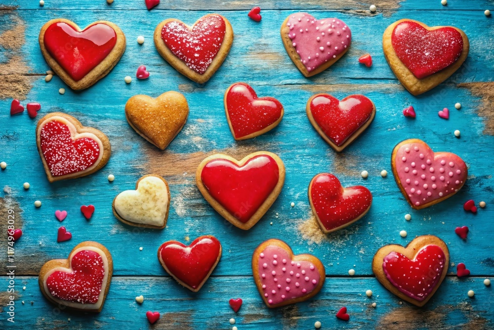 Flat Lay Glazed Heart Cookies Valentine's Day Blue Background Flat Lay Glazed Heart Cookies Valentine's Day Blue Background