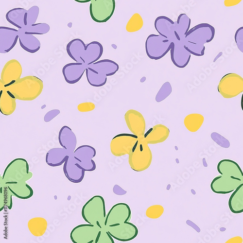 Colorful floral pattern with purple, yellow, and green flowers