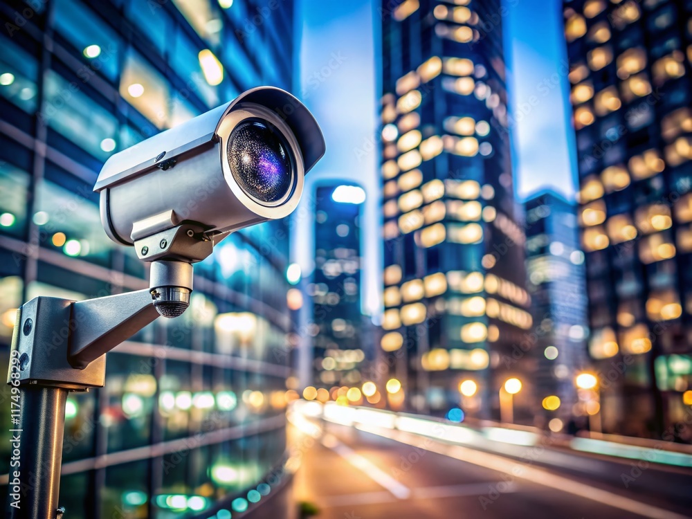 Night City Surveillance: Close-up Security Camera on Modern Building with Bokeh Lights Night City Surveillance: Close-up Security Camera on Modern Building with Bokeh Lights