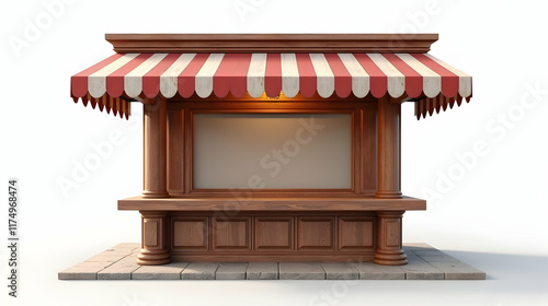 Charming wooden market stall with red and white striped awning, ready for business!  A classic design for a perfect retail space.