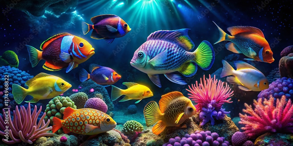 Naklejka premium Night Dive: Diverse Fish Species Underwater Photography