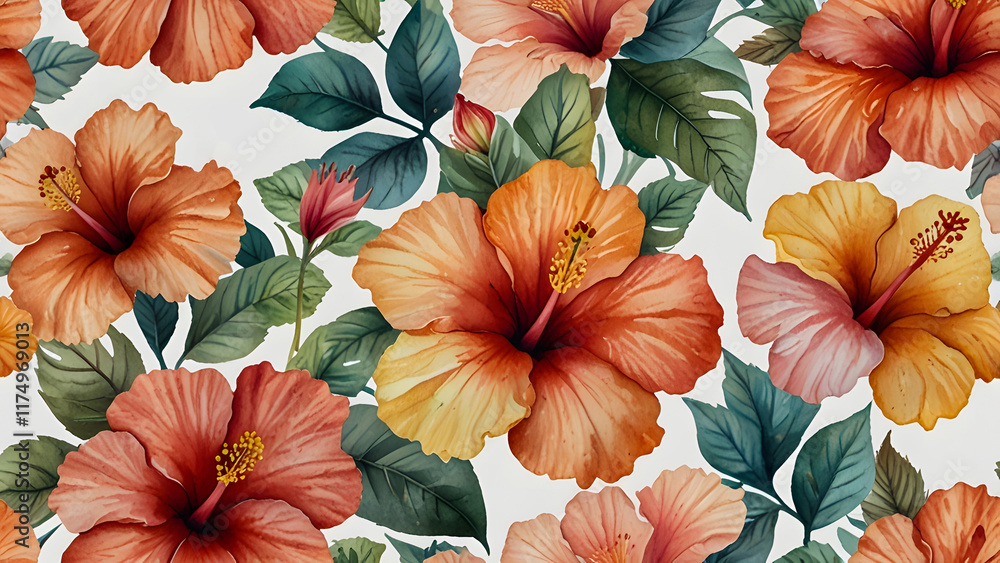 custom made wallpaper toronto digitalA delicate watercolor painting featuring a vibrant floral pattern of orange hibiscus flowers and lush green leaves.