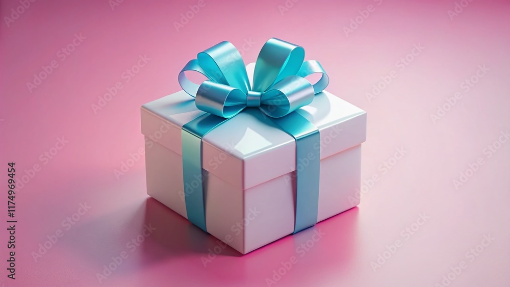 Obraz premium Floating White Gift Box with Blue Ribbon - Pink Background - 3D Animation Stock Photo