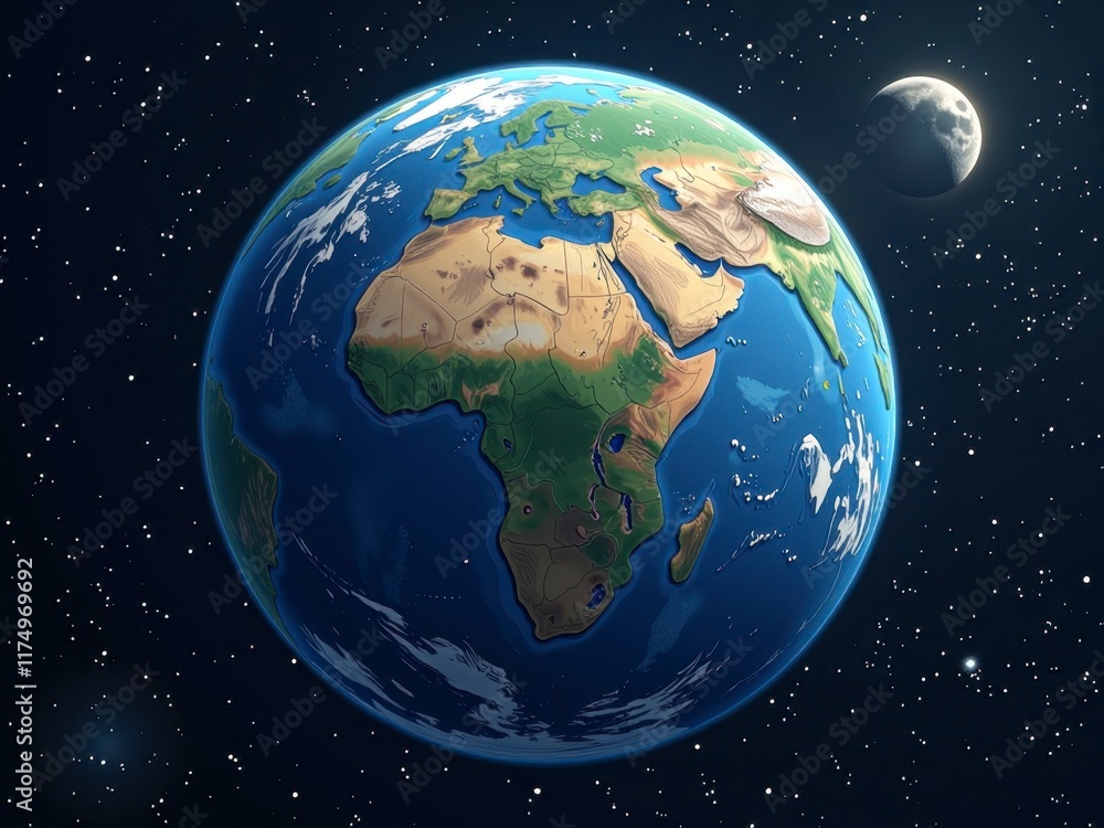 Naklejka premium Stunning 3D Render of Earth from Space Showing Africa Europe Asia and Moon
