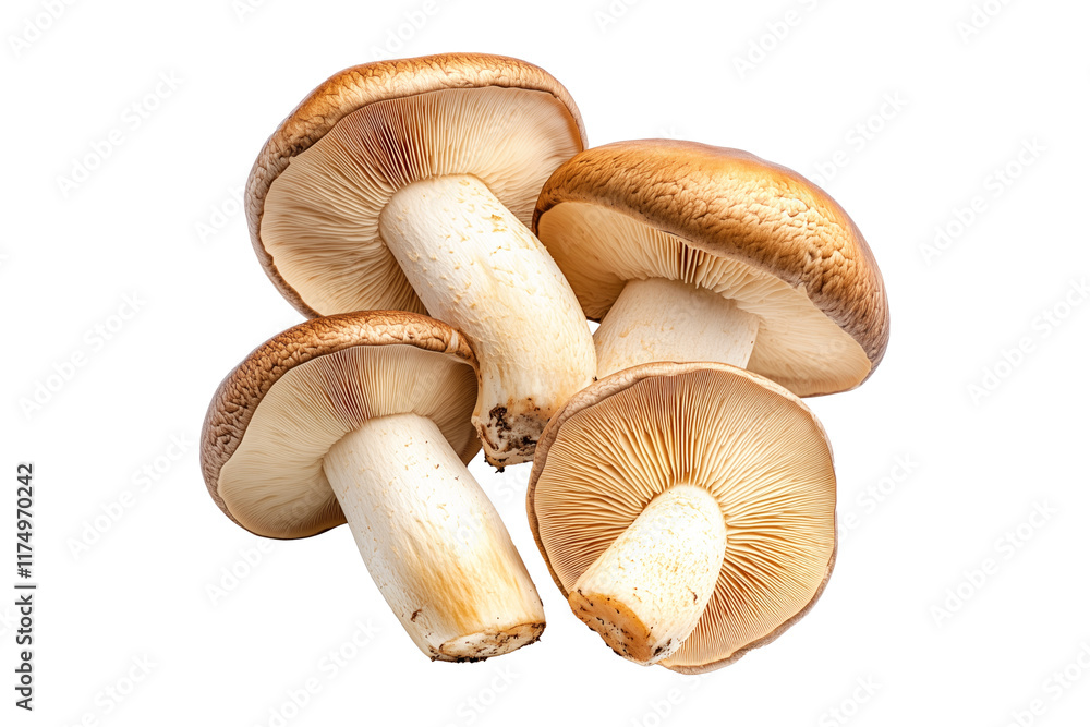 Closeup of Porcini mushroom showing its textured cap and stem isolated on a white background. Concept of fungi and nature Closeup of Porcini mushroom showing its textured cap and stem isolated on a white background. Concept of fungi and nature