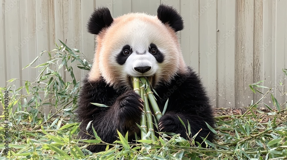 Obraz premium Panda joyfully munching on fresh bamboo under bright colors in high resolution