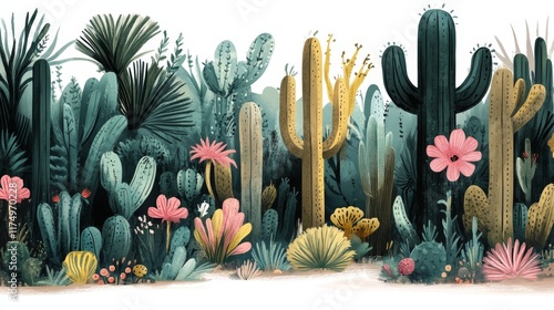 Lush Desert Oasis A Vibrant Panorama of Cacti and Blossoms