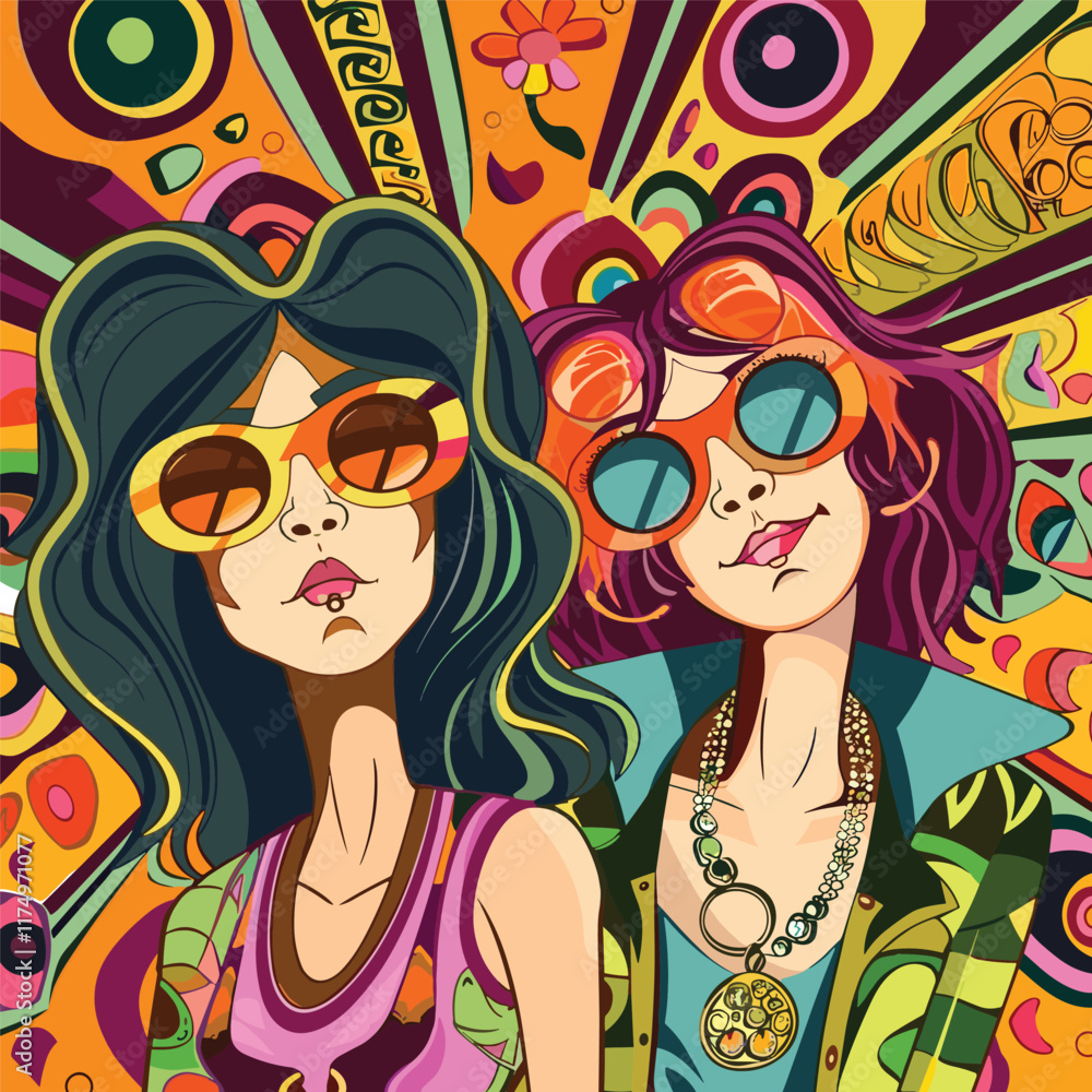 Groovy cartoon woman illustration design template vector Groovy cartoon woman illustration design template vector