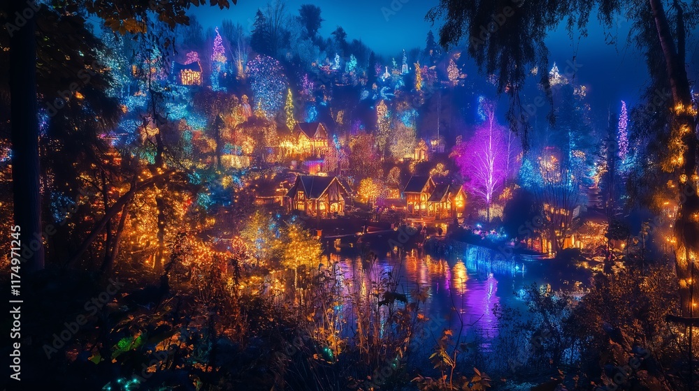 Charming village with glowing lights and mystical atmosphere in vibrant colors Charming village with glowing lights and mystical atmosphere in vibrant colors