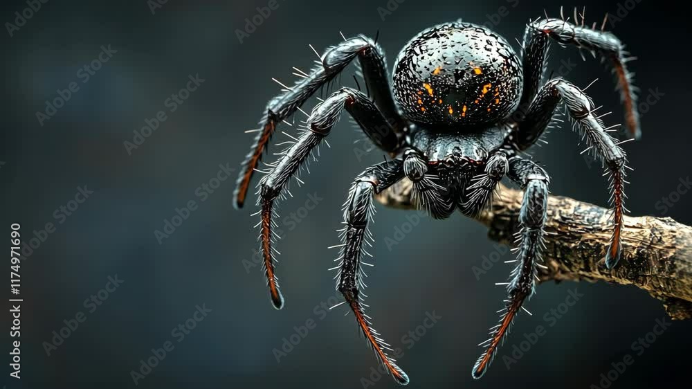 Black spider perched on a branch showcasing intricate details of its body and legs in a dramatic lighting backdrop Black spider perched on a branch showcasing intricate details of its body and legs in a dramatic lighting backdrop