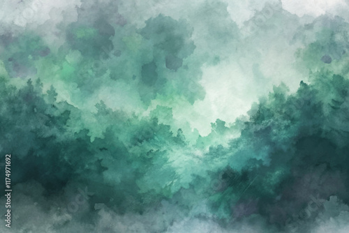 Soft watercolor landscape, misty forest, green hues, tranquil atmosphere, nature background, artistic design, serene scenery.